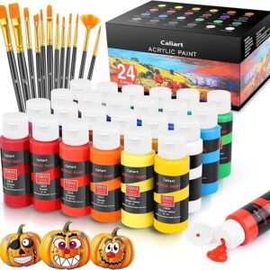 Caliart 24 Colors Acrylic Paint Set with 12 Brushes, Art Craft Paints Gifts Trendy Stuff for Adults Artists, Halloween Pumpkin Canvas Ceramic Rock Eggs Painting Kit Art Supplies